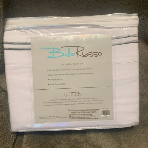 Queen Sheet Set Brand New 4-Piece Bella Russo Brushed Microfiber White Gray Trim - Picture 2 of 4